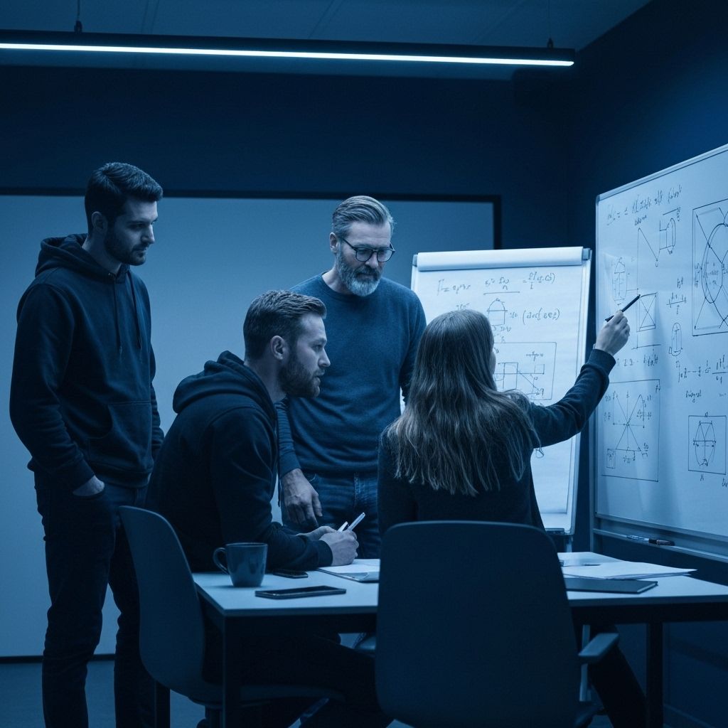 Team collaborating with laptops in a modern workspace