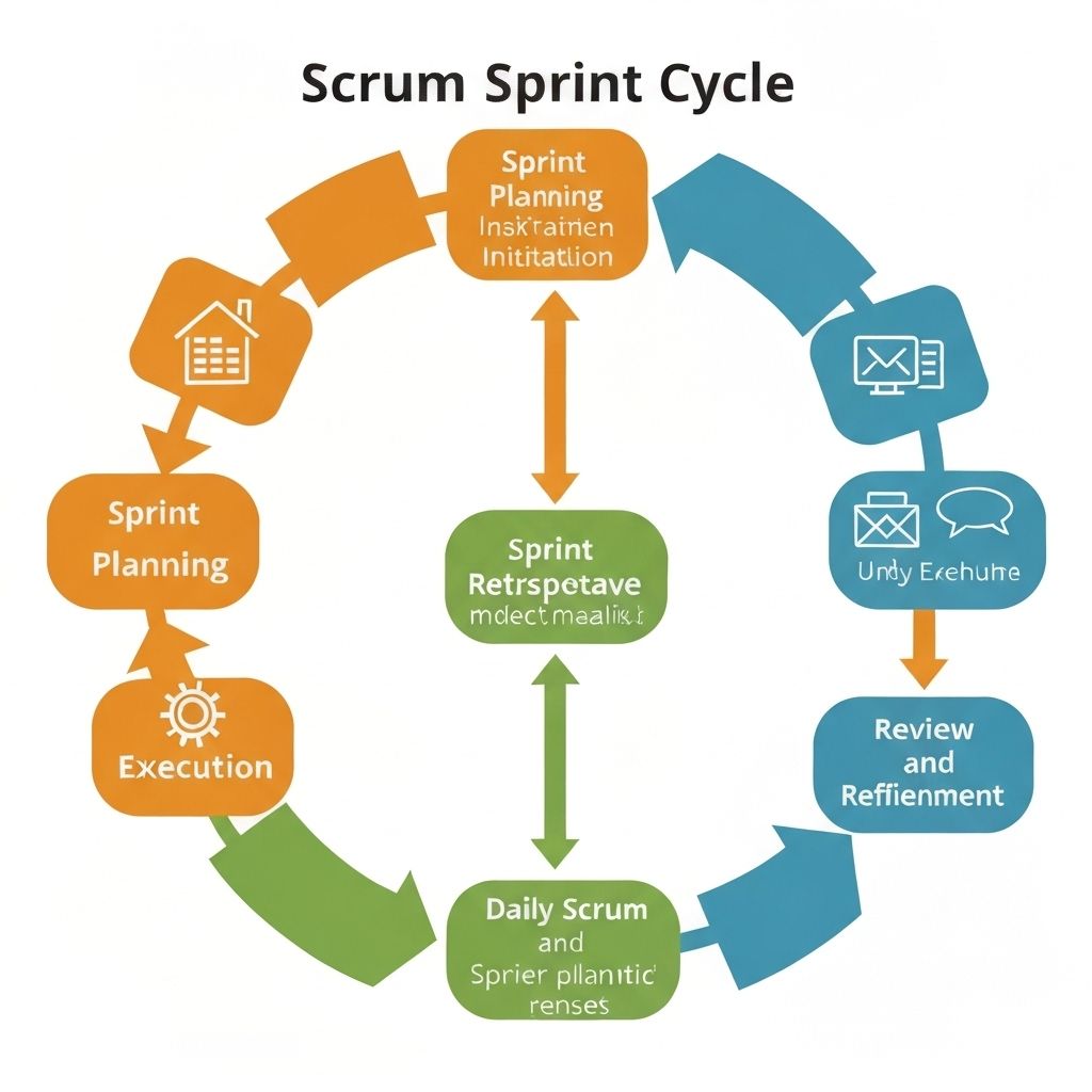 Scrum sprint cycle diagram showing plan, build, review, and improve loop